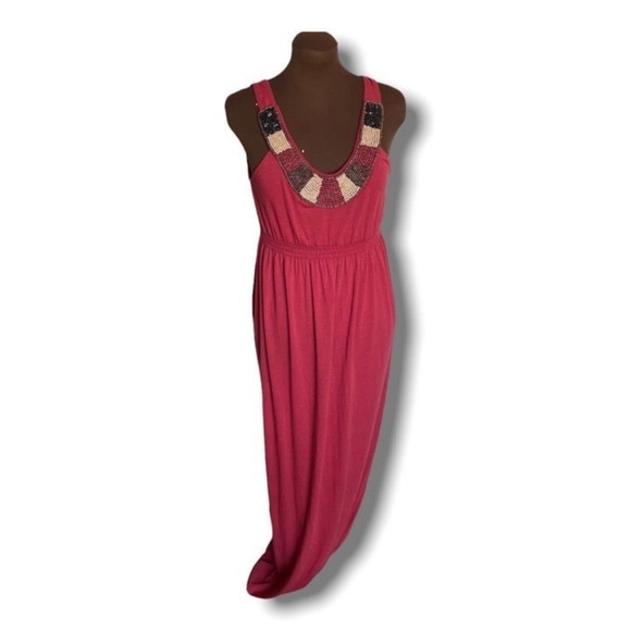 Red Maxi Dress with Beaded Neckline sz Med - Picture 1 of 5